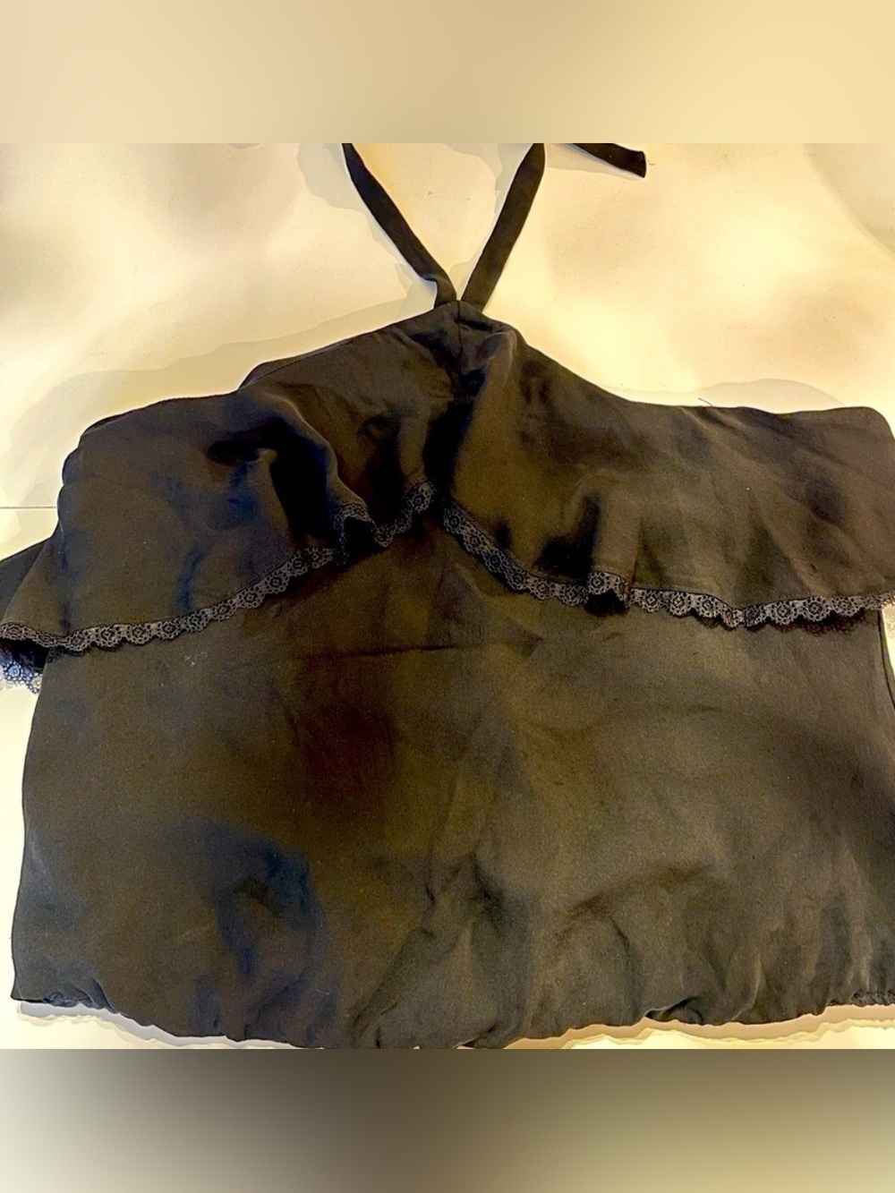 Alice + Olivia Petite L 100% Silk Black Halter Strapless Top Lace Trim Tie Neck